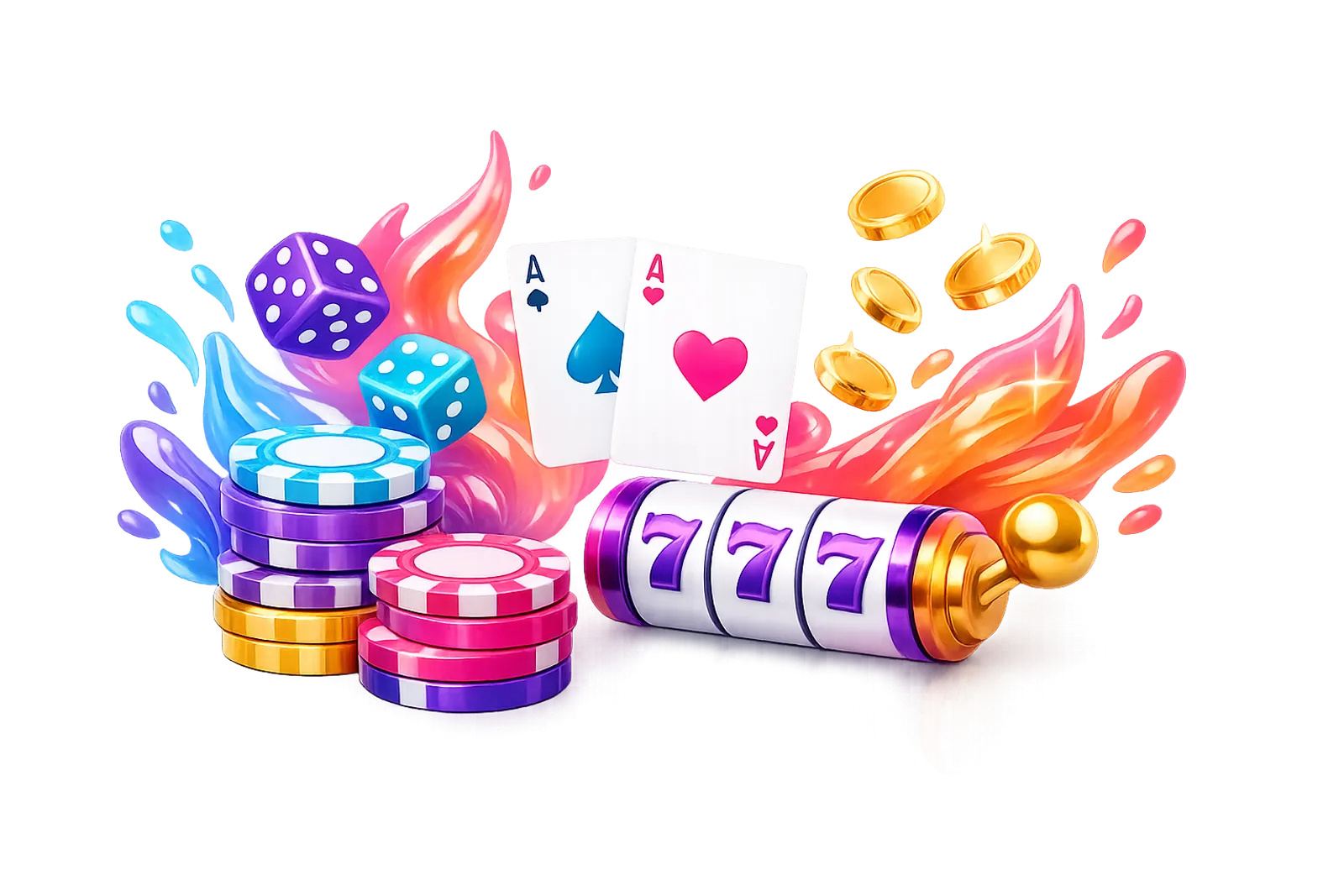Isometric 3D render of floating gaming elements with poker chips, playing cards, gold coins, and stylized flames.